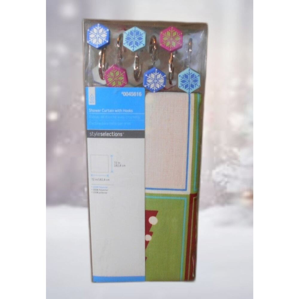 Style Selections Christmas Shower Curtain w/Snowflake Hooks Pink. Blue, Green